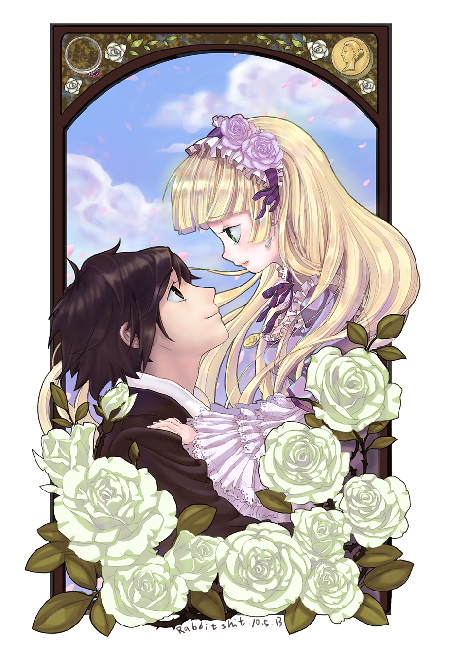 1boy, 1girl, art_nouveau, artist_name, blonde_hair, brown_eyes, brown_hair, clouds, dated, dress, earrings, flower, frame, frilled_sleeves, gosick, green_eyes, hairband, hand_on_another's_shoulder, highres, hime_cut, jewelry, kujou_kazuya, lolita_fashion, lolita_hairband, long_hair, looking_at_another, medallion, petals, profile, purple_dress, purple_rose, rabbitshit, rose, short_hair, side, sky, smile, tears, victorica_de_blois, white_rose, wide_sleeves