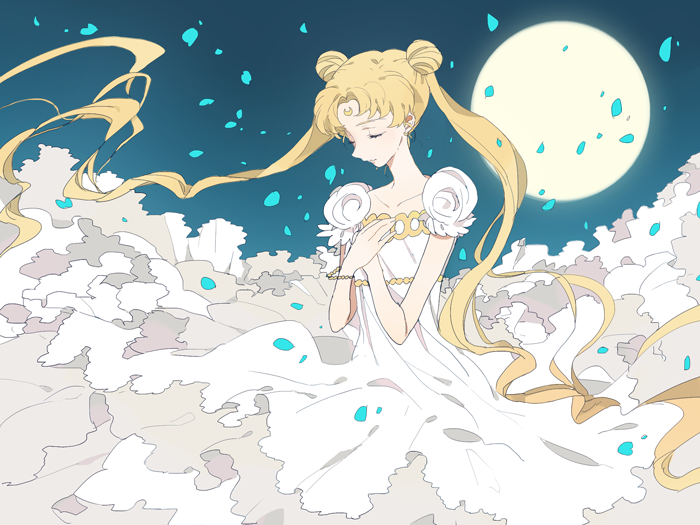 1girl, bishoujo_senshi_sailor_moon, blonde_hair, bracelet, camelot, closed_eyes, double_bun, dress