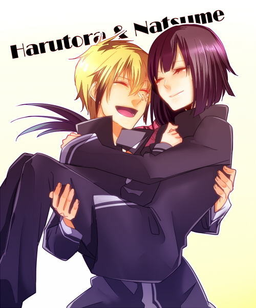 1boy, 1girl, blonde_hair, carrying, closed_eyes, facial_mark, princess_carry, purple_hair