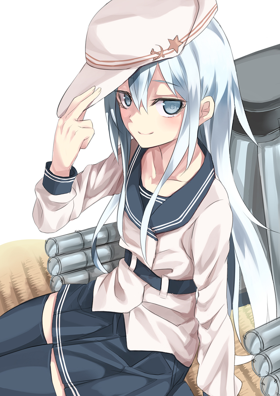 1girl, adjusting_clothes, adjusting_hat, black_legwear, blue_eyes, blush, hammer_and_sickle, hat