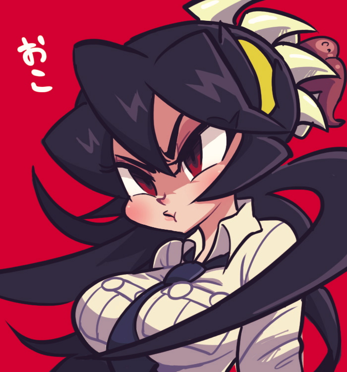 1girl, :t, angry, breasts, bust, filia_(skullgirls), hono1212, living_hair