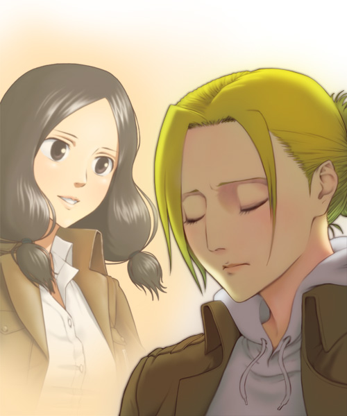 2girls, annie_leonhardt, black_hair, blonde_hair, closed_eyes, jacket, low_twintails, mina_carolina