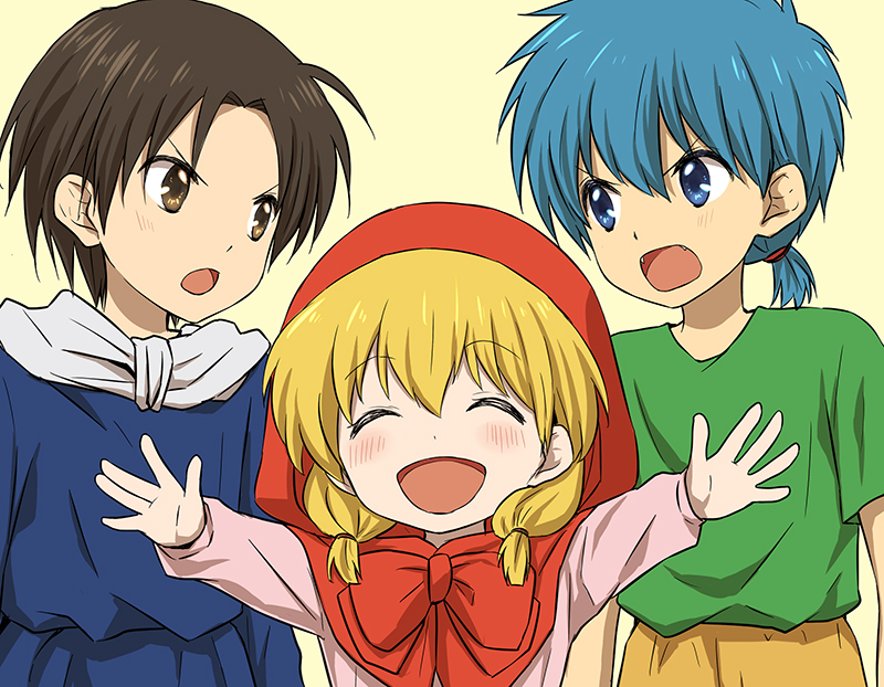 1girl, 2boys, akazukin_chacha, blonde_hair, blue_eyes, blue_hair, brown_eyes, brown_hair