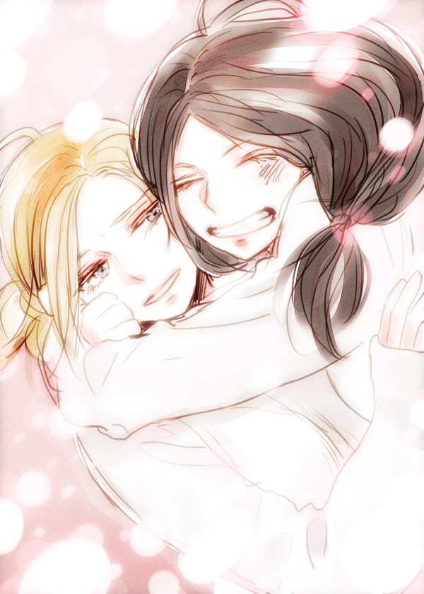 2girls, annie_leonhardt, black_hair, blonde_hair, blue_eyes, blush, closed_eyes, hug