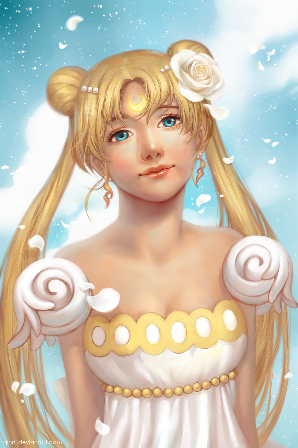 bare_shoulders, bishoujo_senshi_sailor_moon, blonde_hair, crescent, double_bun, dress, earrings, facial_mark