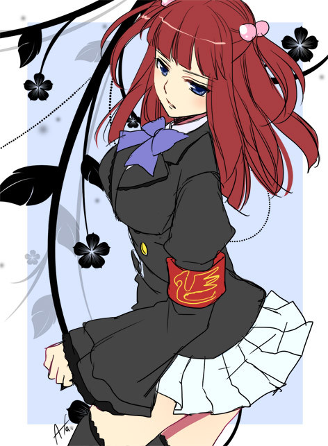 1girl, armband, black_legwear, blue_eyes, bow, flower, hair_bobbles, hair_ornament