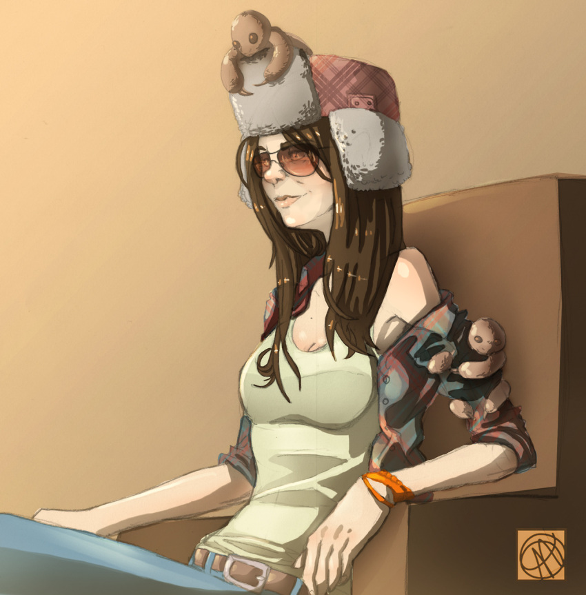 1girl, andava, armchair, aviator_glasses, belt, bracelet, breasts, brown_hair