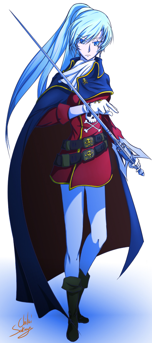1girl, artist_name, blue_eyes, chitai, emeraldas_(cosplay), gloves, long_hair, pirate, ponytail, rwby, skull_and_crossbones, space_pirate, sword, uchuu_kaizoku_captain_harlock, weapon, weiss_schnee, white_hair