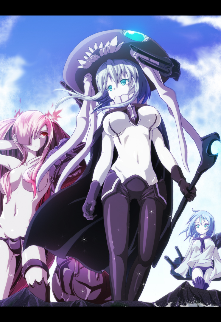 3girls, aqua_eyes, bikini_bottom, blue_hair, bodysuit, breasts, cap, gloves, kantai_collection, machinery, monster, multiple_girls, navel, pale_skin, personification, pink_hair, red_eyes, rrw_(wrwrwr54), shinkaisei-kan, southern_ocean_war_hime, staff, ta-class_battleship, thigh-highs, topless, turret, twintails, wo-class_aircraft_carrier