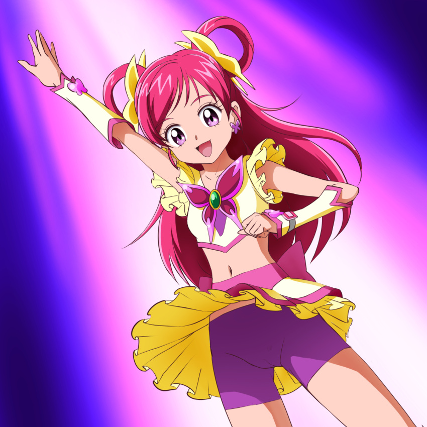 1girl, arm_warmers, bare_shoulders, bike_shorts, cure_dream, earrings, frills, hair_ornament
