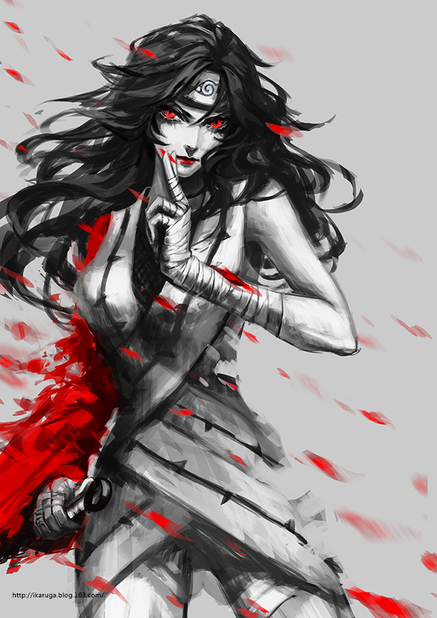 1girl, black_hair, long_hair, monochrome, naruto, redhead, solo, sun_dou, weapon, yuuhi_kurenai