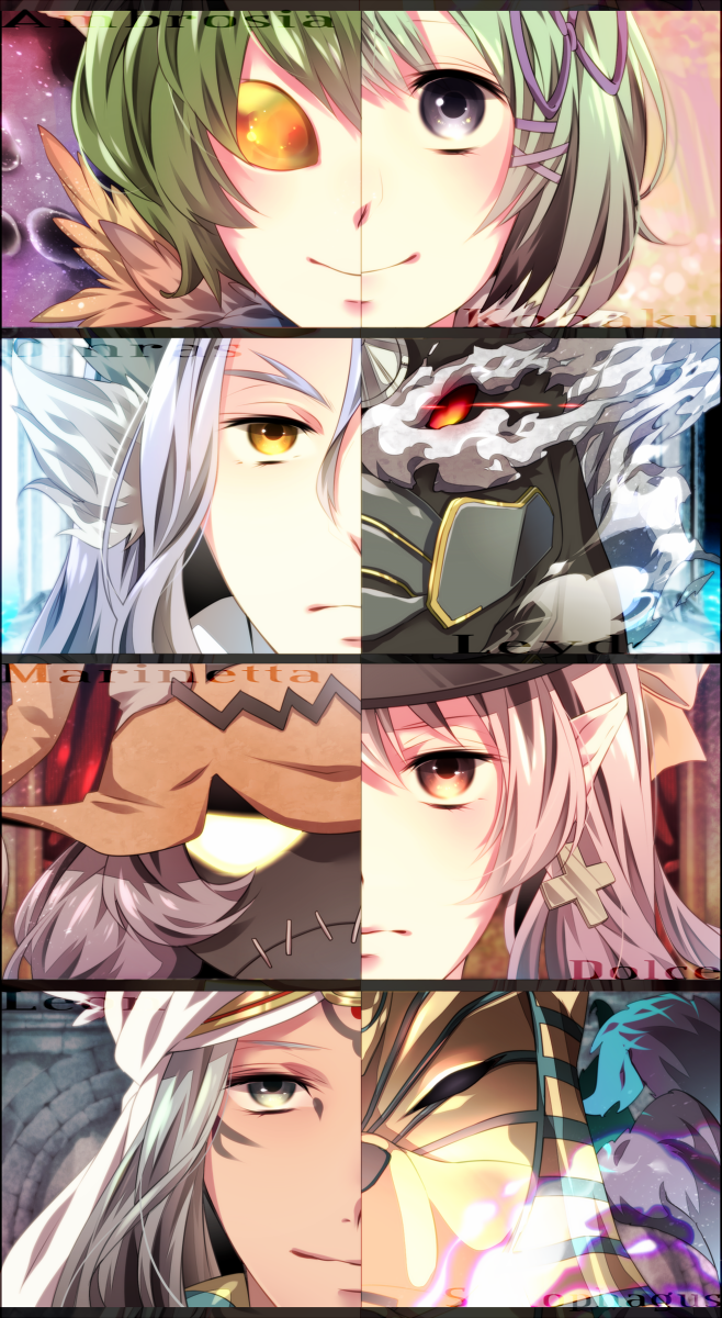 2boys, 2girls, :<, alternate_form, animal_ears, blue_hair, character_name, close-up, diras, dolce_(rune_factory), dual_persona, earrings, eyebrows, face, facial_tattoo, fox_ears, green_hair, grey_eyes, hair_between_eyes, hair_ribbon, hat, headdress, highres, horse_ears, jewelry, kohaku_(rune_factory), leon_(rune_factory), long_hair, monster, monster_boy, monster_girl, multiple_boys, multiple_girls, pink_hair, pointy_ears, purple_hair, red_eyes, ribbon, rune_factory, rune_factory_4, short_hair, smile, tattoo, thick_eyebrows, twintails, wavy_hair, yellow_eyes