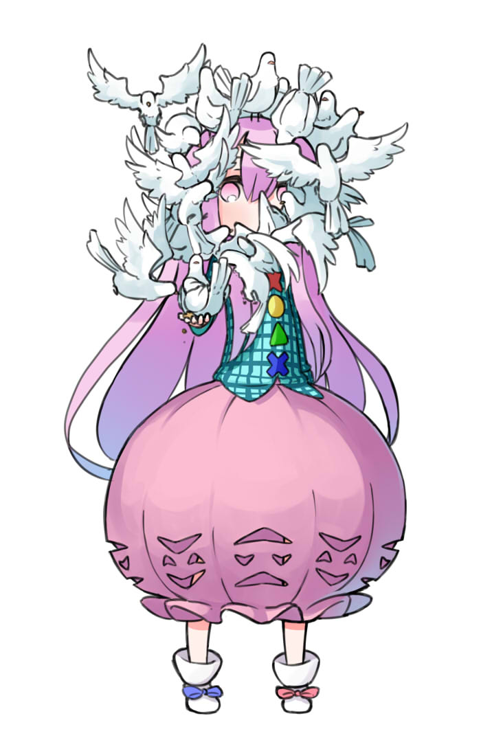 1girl, bird, blush, bubble_skirt, expressionless, hata_no_kokoro, long_hair, long_skirt