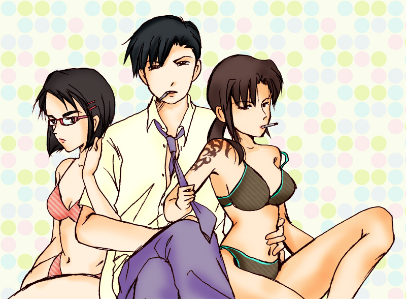 1boy, 2girls, arm_hug, bikini, black_hair, black_lagoon, bob_cut, brown_hair
