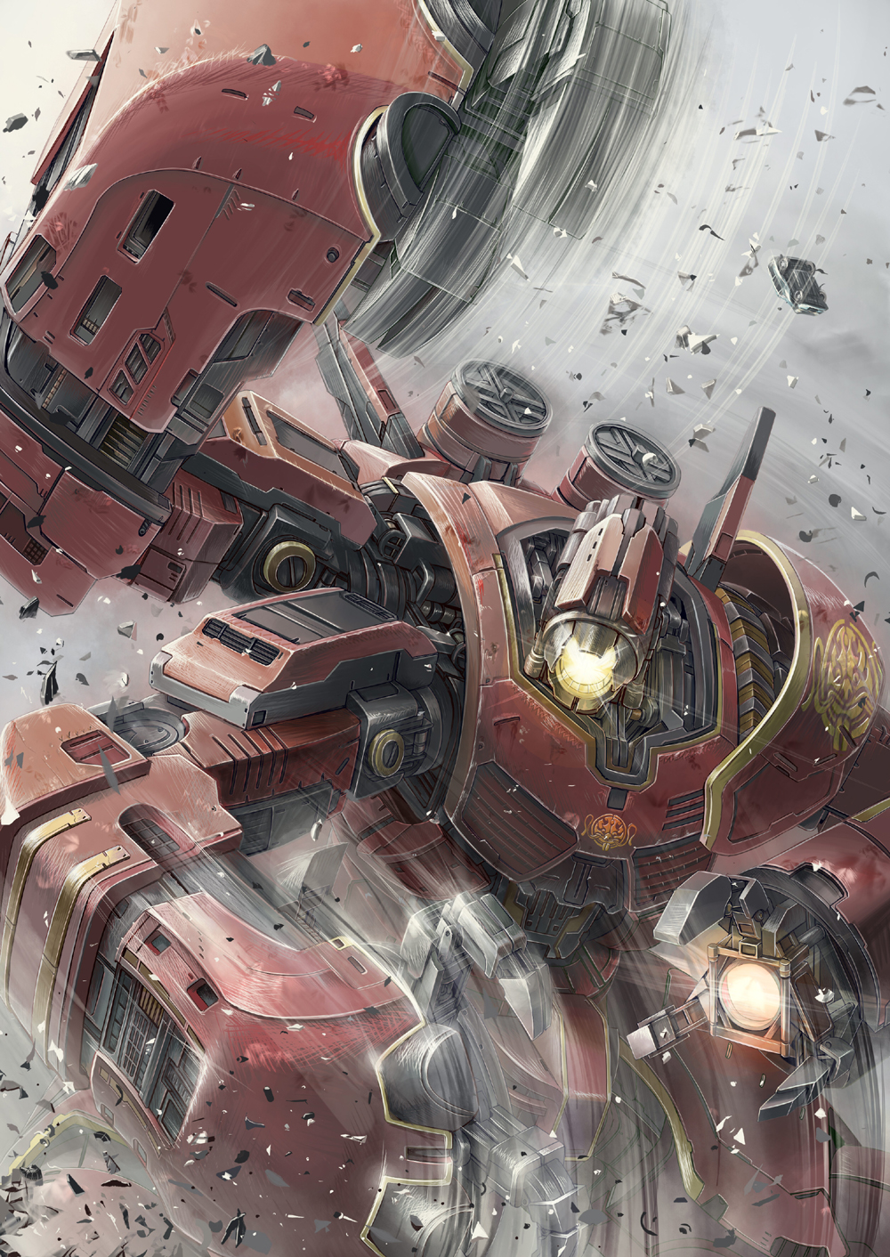 battle, car, crimson_typhoon, debris, highres, ishida_baru, mecha, motor_vehicle