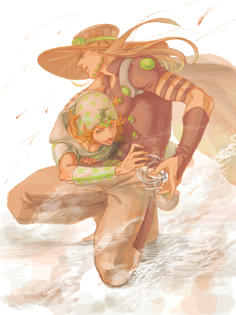 2boys, ball, blonde_hair, brown_hair, cape, gyro_zeppeli, hat, hoodie, johnny_joestar, jojo_no_kimyou_na_bouken, long_hair, multiple_boys, sannnpa24, steel_ball_run