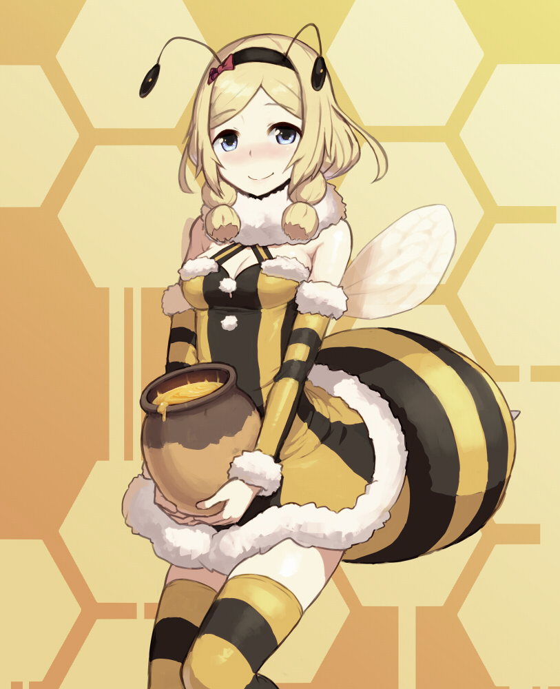 1girl, antennae, bee_costume, blonde_hair, blue_eyes, blush, breasts, chiwino