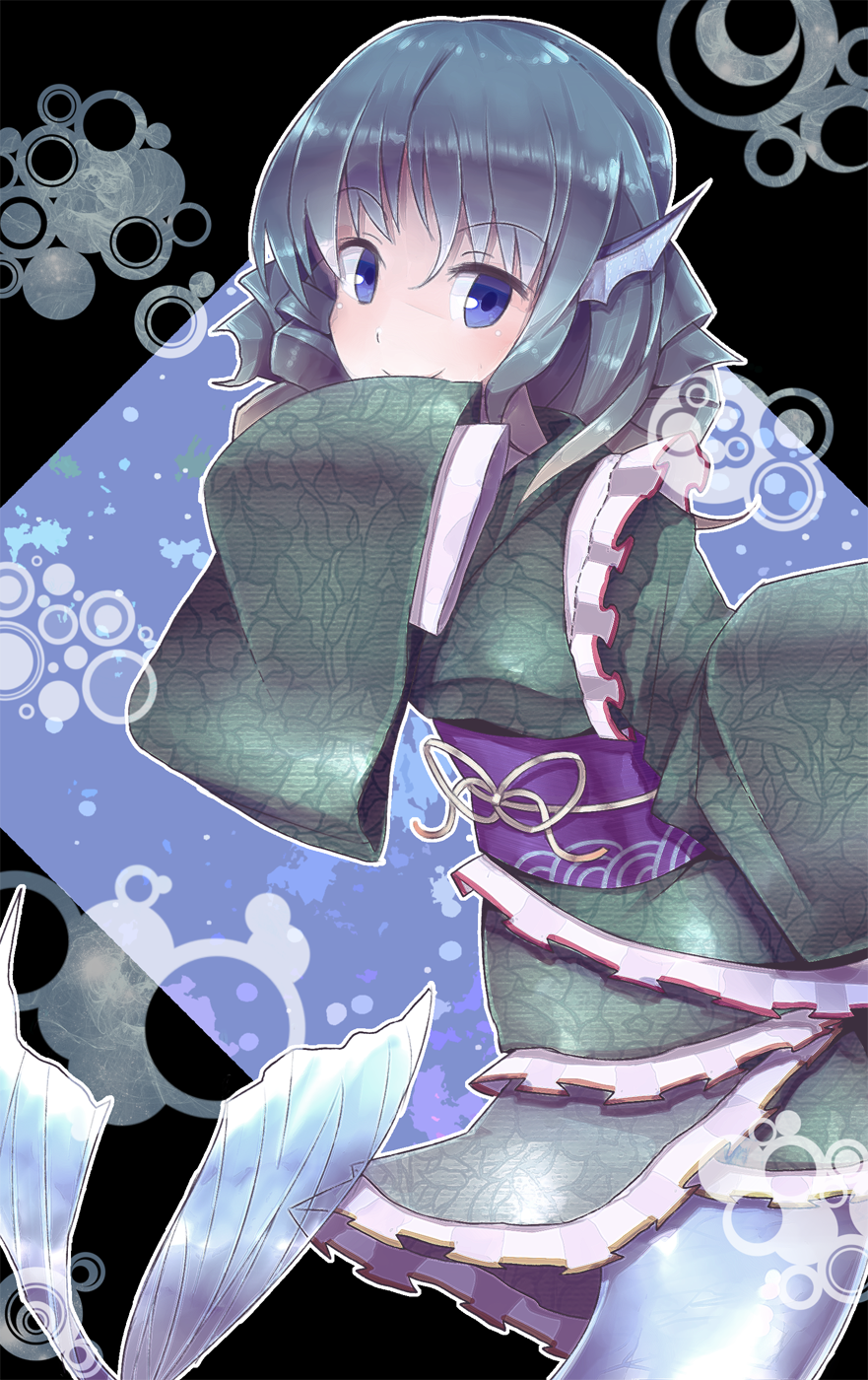 1girl, animal_ears, blue_eyes, blue_hair, floral_print, hand_to_own_mouth, head_fins, highres, japanese_clothes, kimono, long_sleeves, looking_at_viewer, mermaid, monster_girl, obi, sanuki_(zigzagflamberge), sash, short_hair, smile, touhou, wakasagihime, wide_sleeves