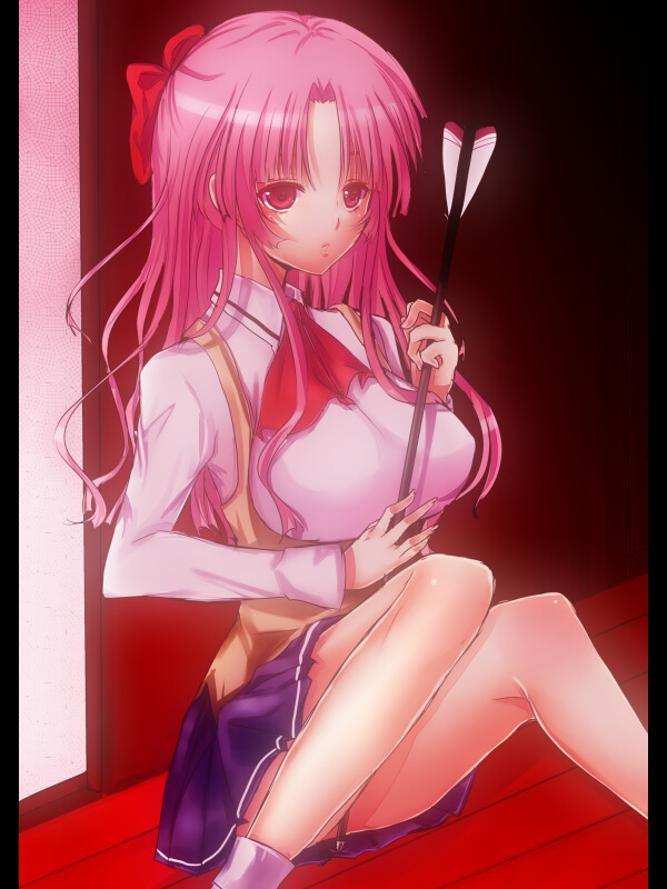 1girl, arrow, bow, breasts, hair_bow, long_hair, mnk, pink_hair