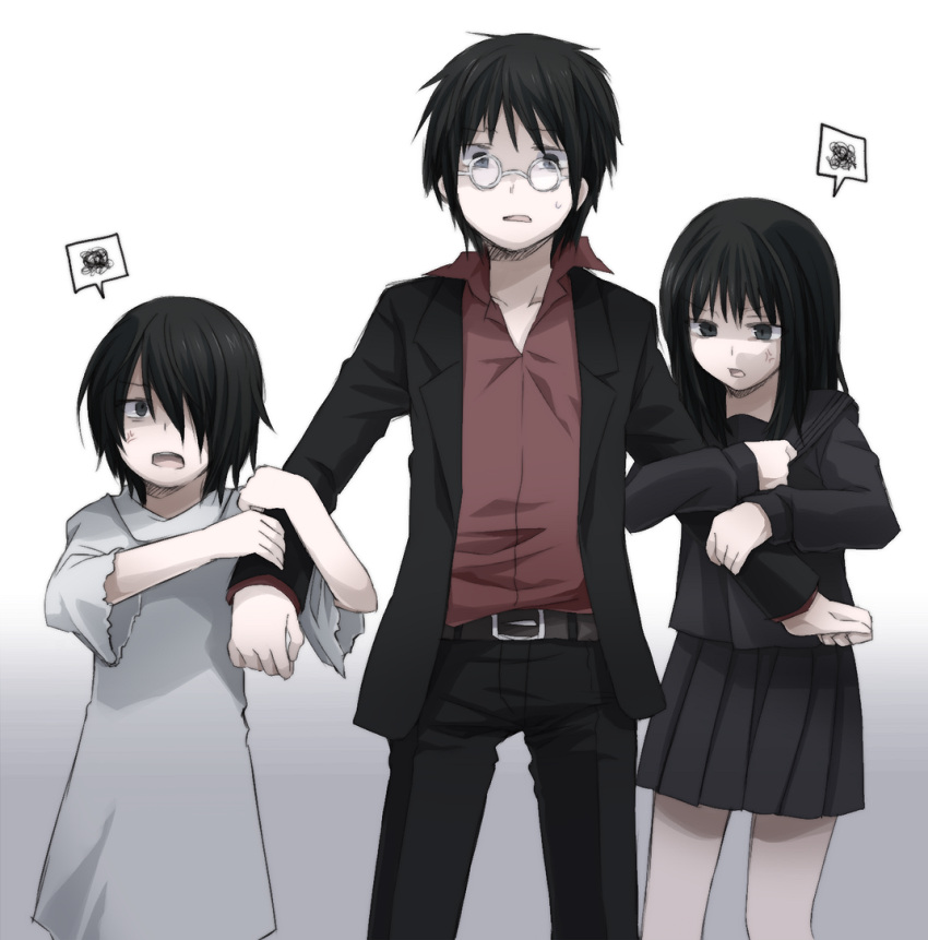 1girl, 2boys, amamiya_kazuhiko, anger_vein, black_hair, idora_(idola), isono_miwa, mpd_psycho