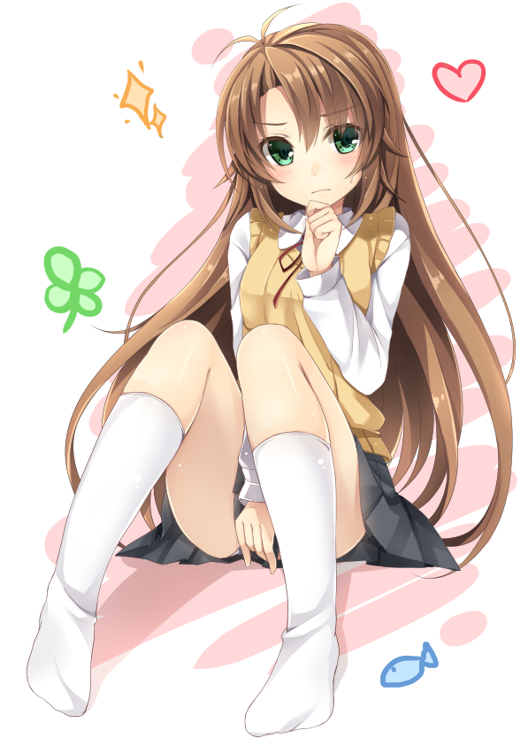 1girl, ahoge, blush, brown_hair, clover, covering, covering_crotch, diamond_(symbol)