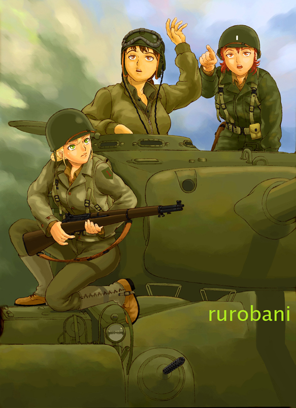 3girls, america, artist_name, boots, braid, brown_eyes, brown_hair, clouds