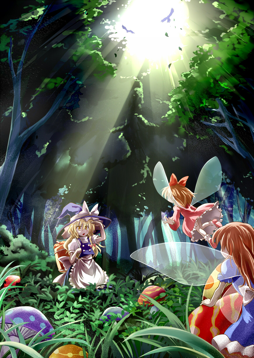 3girls, :o, aji082, ankle_socks, apron, arm_support, basket, bird