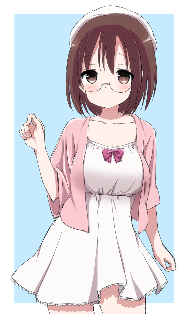 1girl, arm_up, blue_background, blush, bow, brown_eyes, brown_hair, cowboy_shot