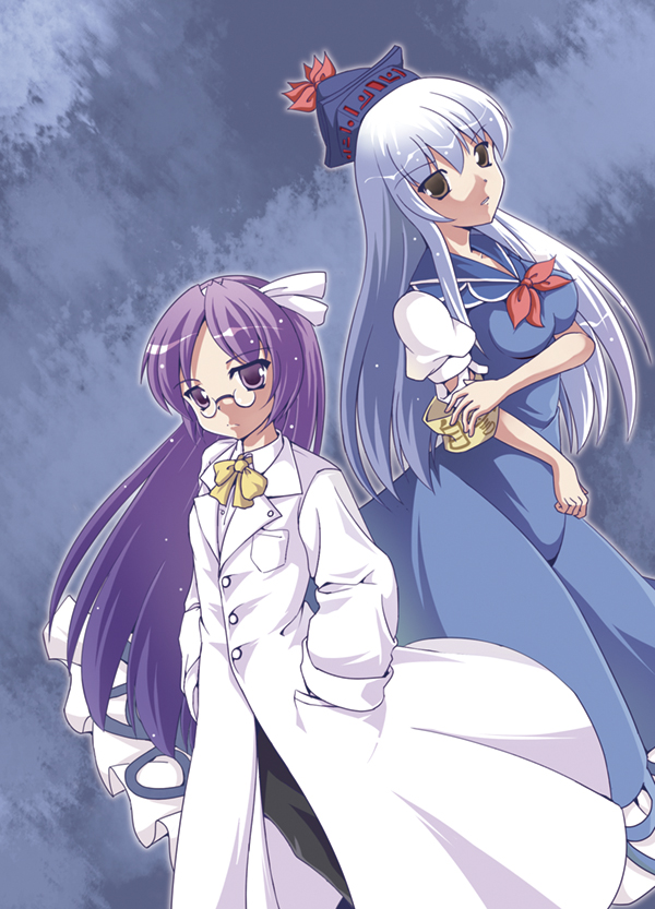 a_kirima, arm_holding, armband, asakura_rikako, blue_background, bow, breasts, brown_hair