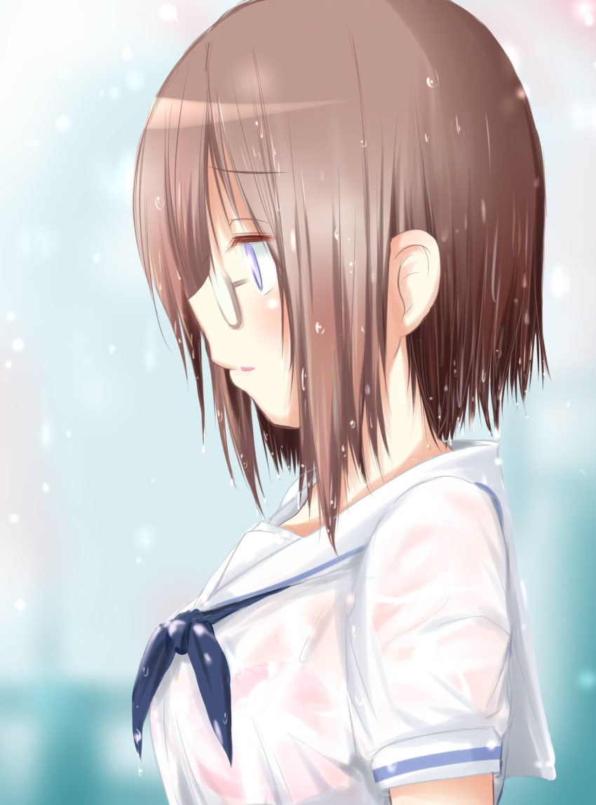 1girl, blue_eyes, bra, breasts, brown_hair, bust, empty_eyes, glasses