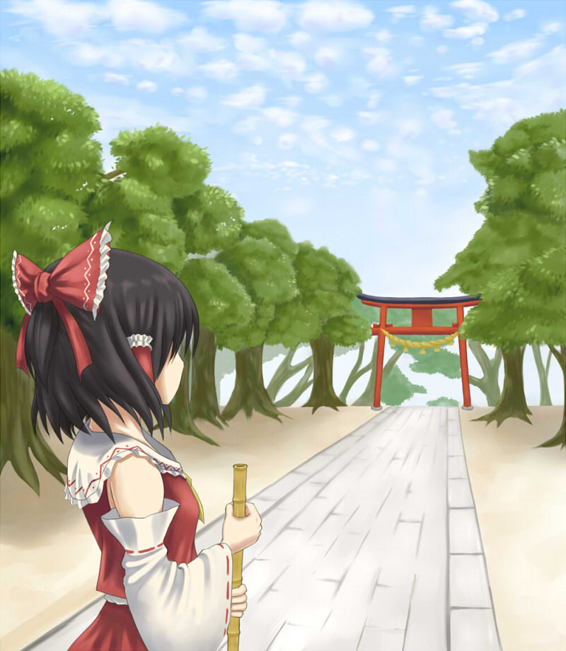 1girl, ascot, bamboo_broom, black_hair, blue_sky, bow, broom, clouds, detached_sleeves, facing_away, hair_bow, hair_tubes, hakurei_reimu, oshinko, outdoors, path, road, shimenawa, short_hair, skirt, skirt_set, sky, solo, torii, touhou, tree