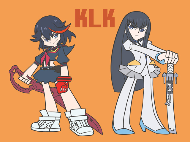 2girls, black_hair, blue_eyes, gloves, kill_la_kill, kiryuuin_satsuki, long_hair, matoi_ryuuko