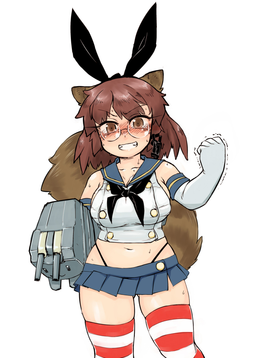 1girl, animal_ears, blush, breasts, brown_eyes, brown_hair, clenched_hand, clenched_teeth