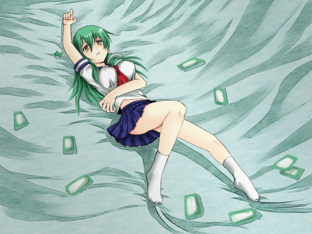 feet, green_hair, hair_ornament, hands, kochiya_sanae, kuon846, legs, long_hair