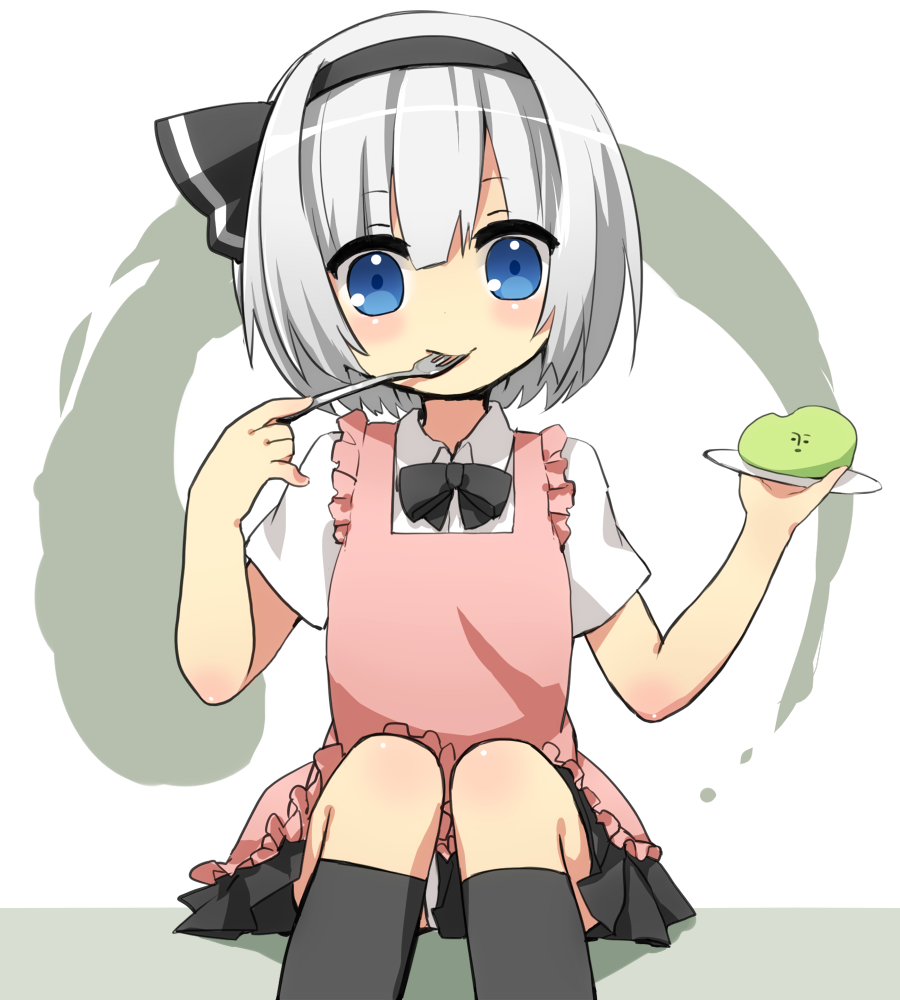 1girl, apron, black_legwear, blue_eyes, bow, fork, fork_in_mouth, hair_ribbon