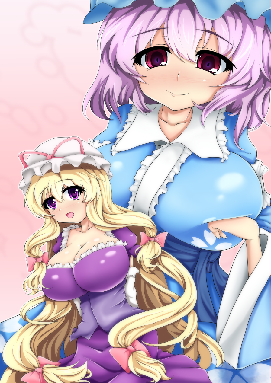 2girls, blonde_hair, bow, breasts, dress, elbow_gloves, gloves, hair_bow