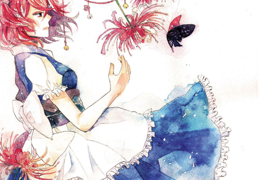 1girl, butterfly, flower, hair_bobbles, hair_ornament, onozuka_komachi, red_eyes, redhead