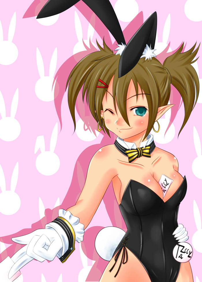 1girl, animal_ears, bowtie, breasts, brown_hair, bunnysuit, card, cleavage