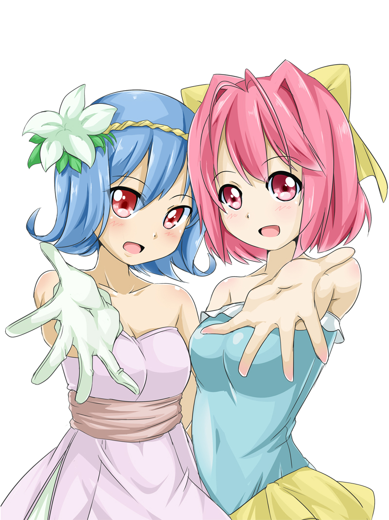 2girls, blue_hair, bow, crossover, dress, flower, gloves, hair_bow