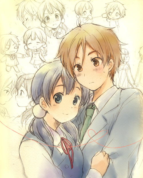 1boy, 1girl, black_hair, brown_eyes, brown_hair, couple, kitashirakawa_tamako, long_hair