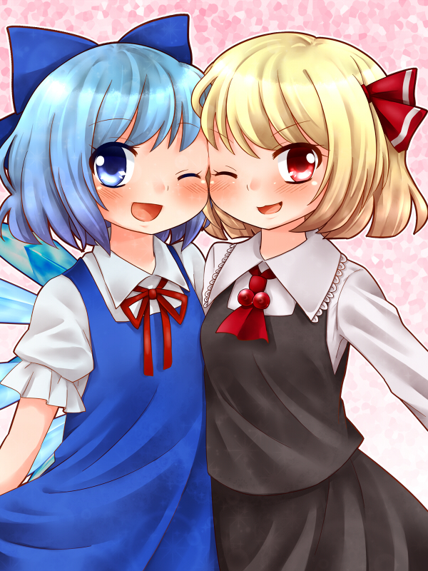 2girls, ;d, blonde_hair, blouse, blue_eyes, blue_hair, bow, cirno