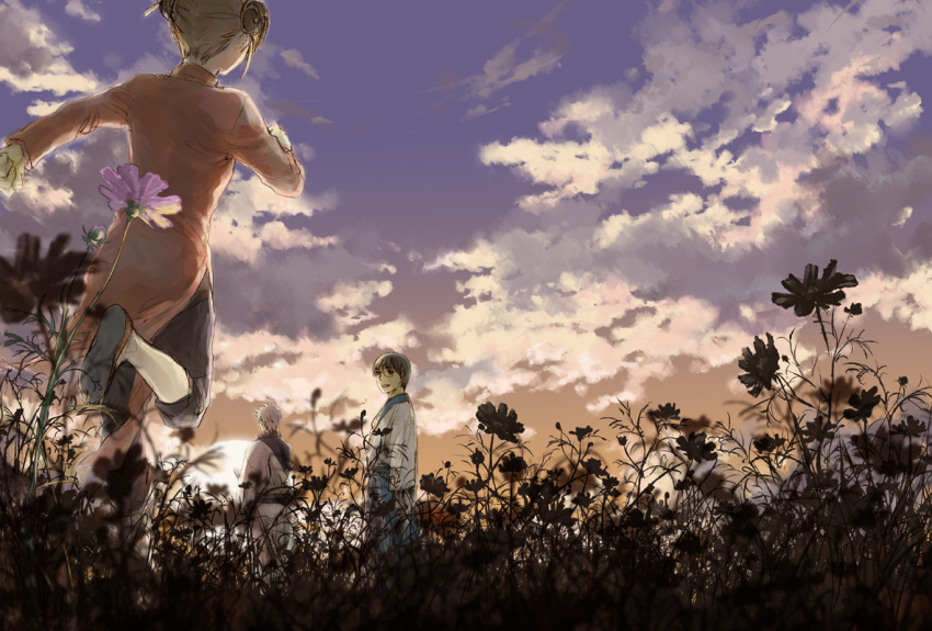 1girl, 2boys, acaco, black_hair, brown_hair, china_dress, chinese_clothes, clouds