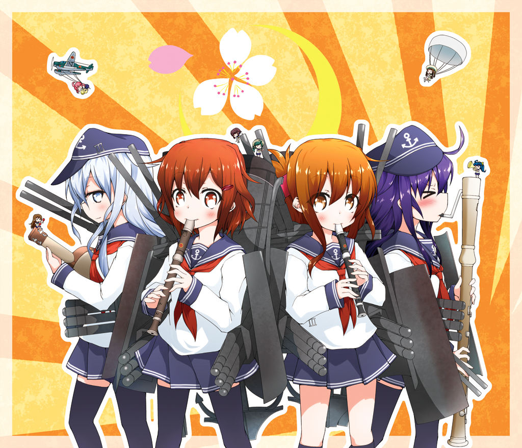 4girls, akatsuki_(kantai_collection), black_legwear, blue_eyes, blue_hair, brown_eyes, brown_hair, hair_ornament, hair_up, hat, hibiki_(kantai_collection), ikazuchi_(kantai_collection), inazuma_(kantai_collection), kantai_collection, kinoshita_haruka, long_hair, multiple_girls, personification, school_uniform, serafuku, short_hair, skirt, smile, thighhighs