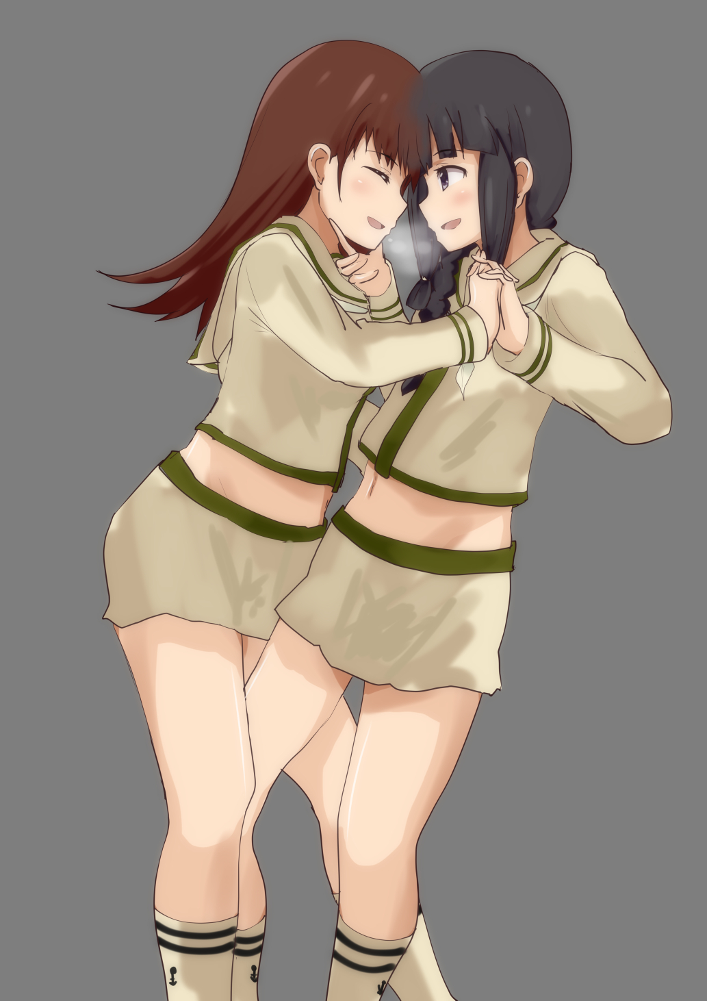 2girls, black_hair, brown_hair, highres, interlocked_fingers, kaipankun, kantai_collection, kitakami_(kantai_collection)