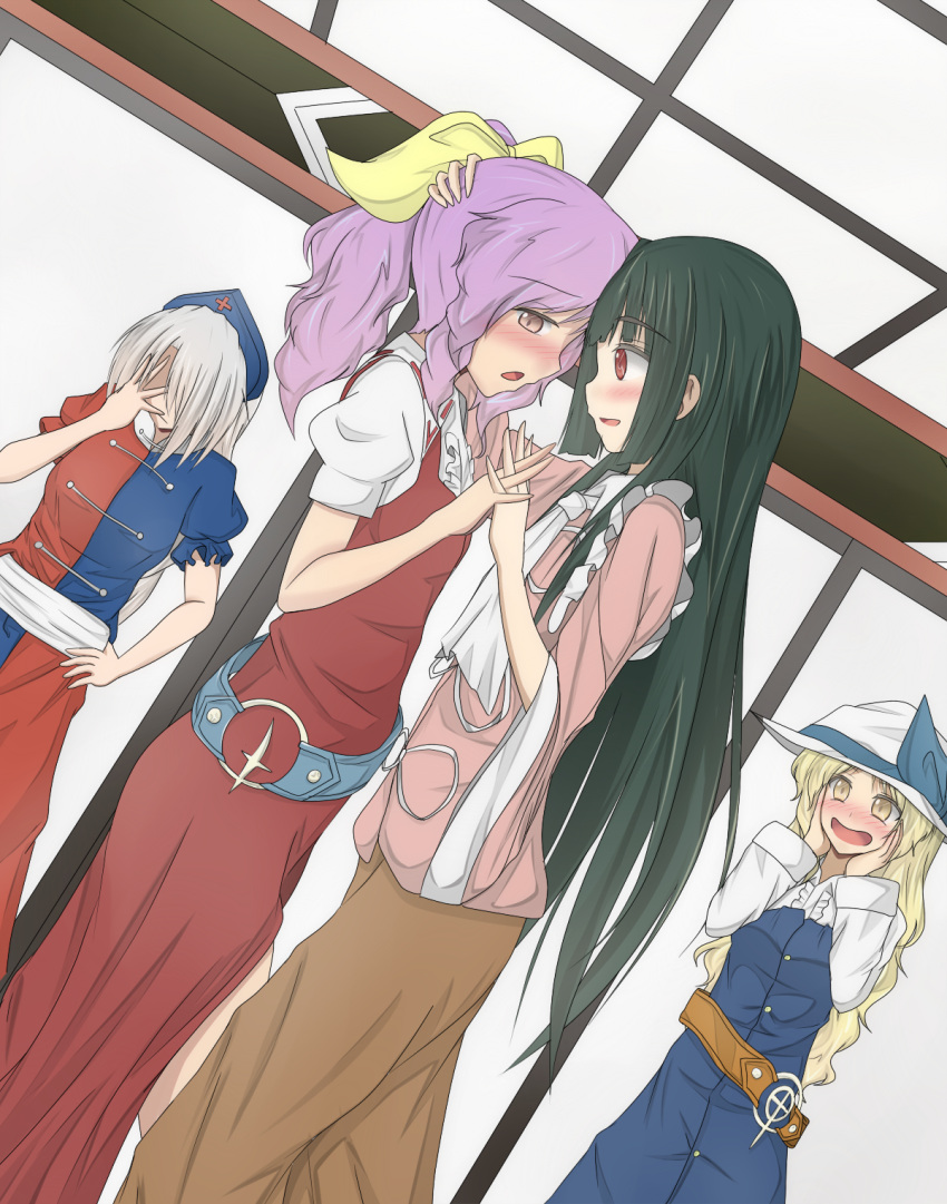 4girls, belt, black_hair, blonde_hair, blouse, blush, dress, dutch_angle, embarrassed, facepalm, hair_ribbon, hand_on_another's_head, hand_on_hip, hands_on_own_face, hands_together, hat, hat_ribbon, head_to_head, highres, houraisan_kaguya, indoors, interlocked_fingers, lavender_hair, long_hair, long_sleeves, looking_at_another, multiple_girls, nurse_cap, open_mouth, ponytail, red_eyes, ribbon, sash, shamisen_(syami_sen), short_hair, short_sleeves, side_glance, silver_hair, skirt, touhou, very_long_hair, watatsuki_no_toyohime, watatsuki_no_yorihime, yagokoro_eirin, yellow_eyes, yuri