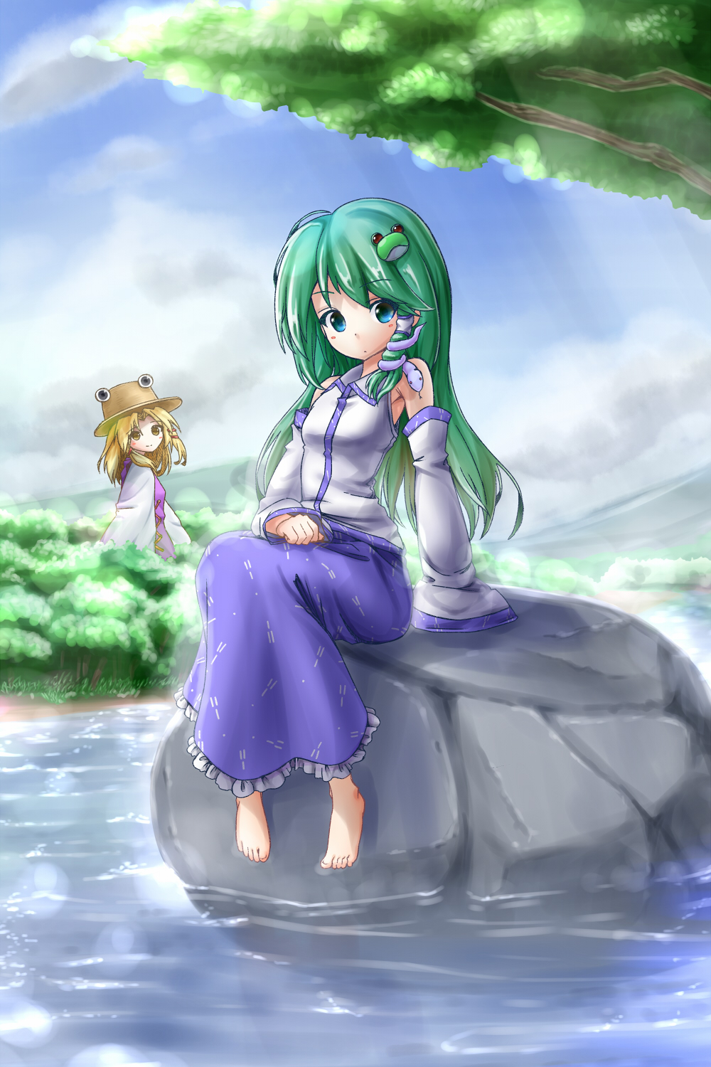 2girls, :o, arm_support, armpits, barefoot, blonde_hair, blue_eyes, blue_sky