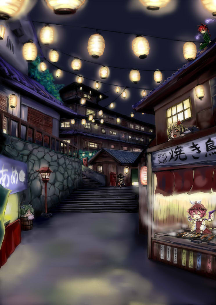 5girls, animal_ears, bird_wings, blonde_hair, bucket, cat_ears, closed_eyes, dress