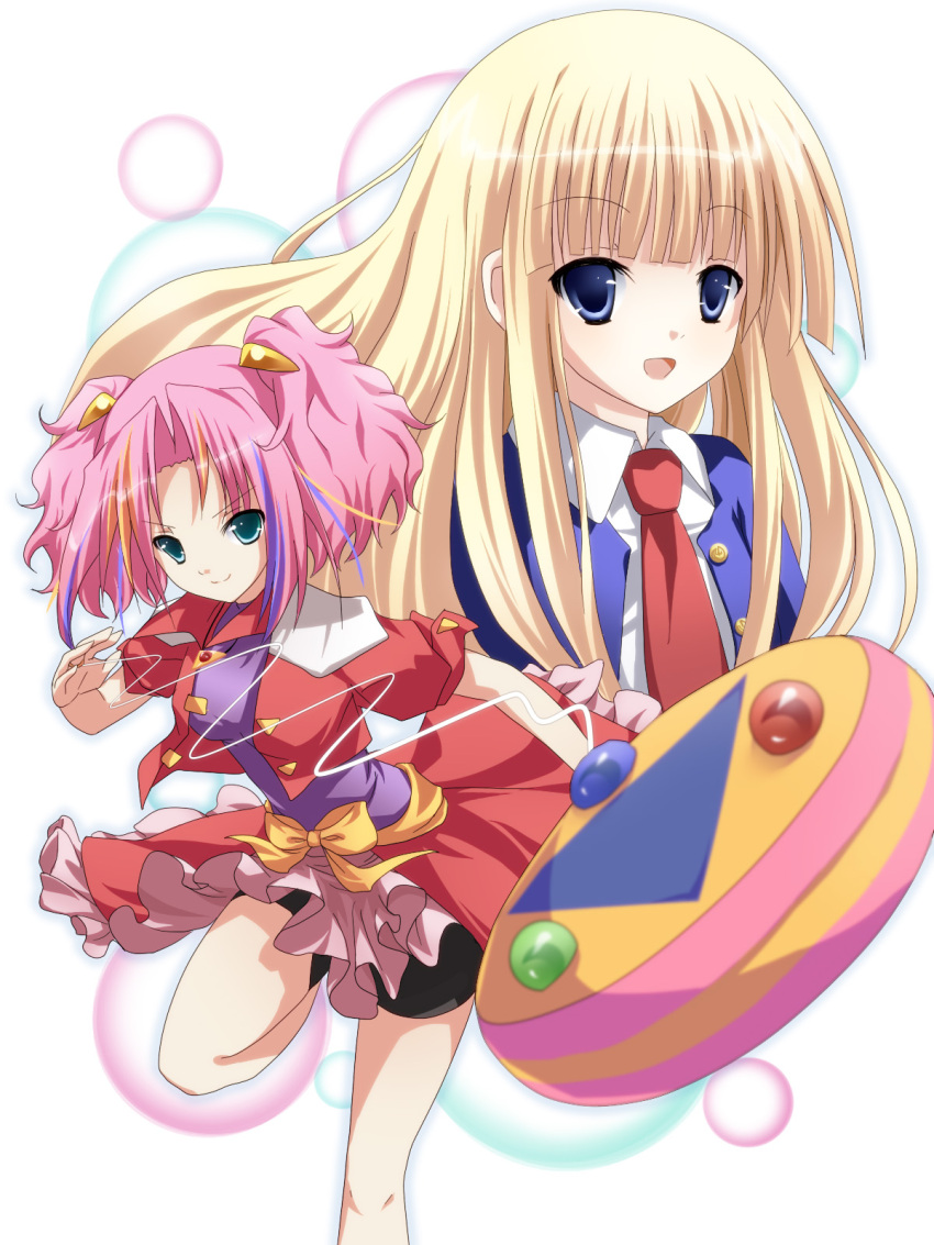 2girls, bike_shorts, blonde_hair, blue_eyes, bow, cropped_jacket, doll_licca, green_eyes