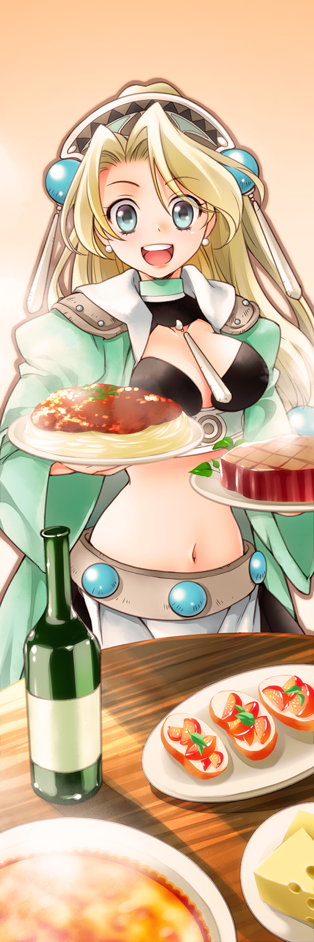 1girl, atelier_(series), atelier_marie_alchemist_of_salburg, blonde_hair, blue_eyes, bottle, cheese, choker