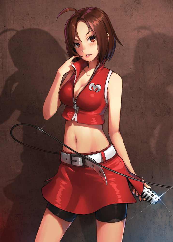 1girl, bare_shoulders, belt, bike_shorts, black_bike_shorts, breasts, brown_eyes, brown_hair, cleavage, efmoe, looking_at_viewer, meiko, microphone, short_hair, skirt, solo, vest, vocaloid